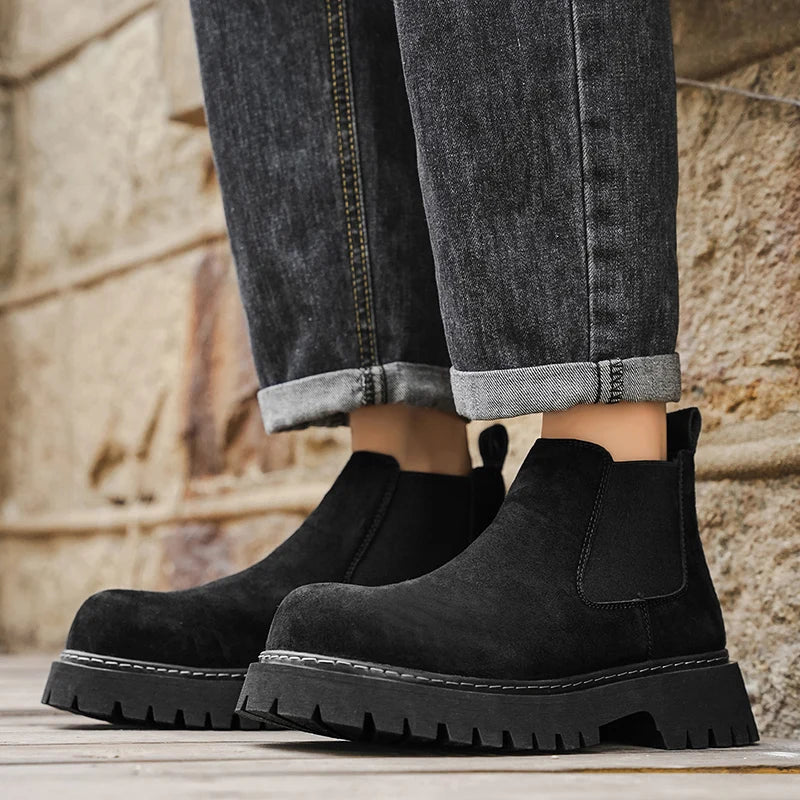 High Quality Fashion Mens Boots Black Boots Fashion Casual British Style Thick Bottomed Mid-top Chelsea Boots Large Size