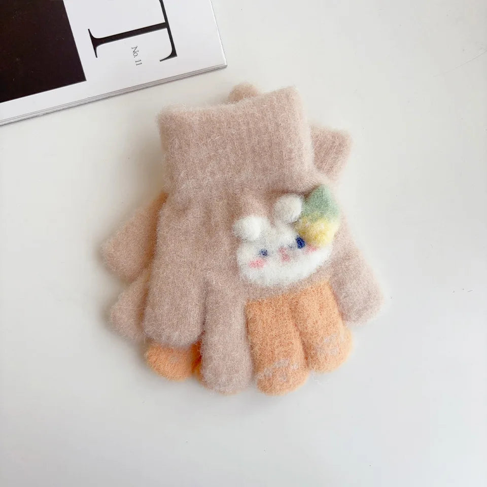 3-6Ages Children's Cute Strawberry Rabbit Kids Warm Gloves Autumn Winter Baby Boys Girls Five Finger Mittens Kindergarten Glove