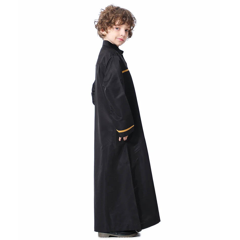 Ramadan Eid Islamic Boys Long Robe Children Traditional Arab Thobe Thawb Caftan Solid Color Long Sleeve Stand Collar with Pocket