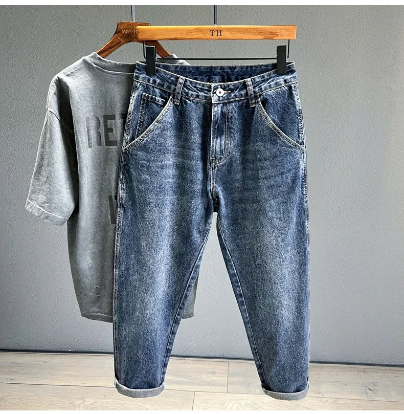 Men's Tapered Jeans Fashion Streetwear Casual Pants Personality Vintage Blue Denim Trousers Hip Hop High Quality Male Clothes
