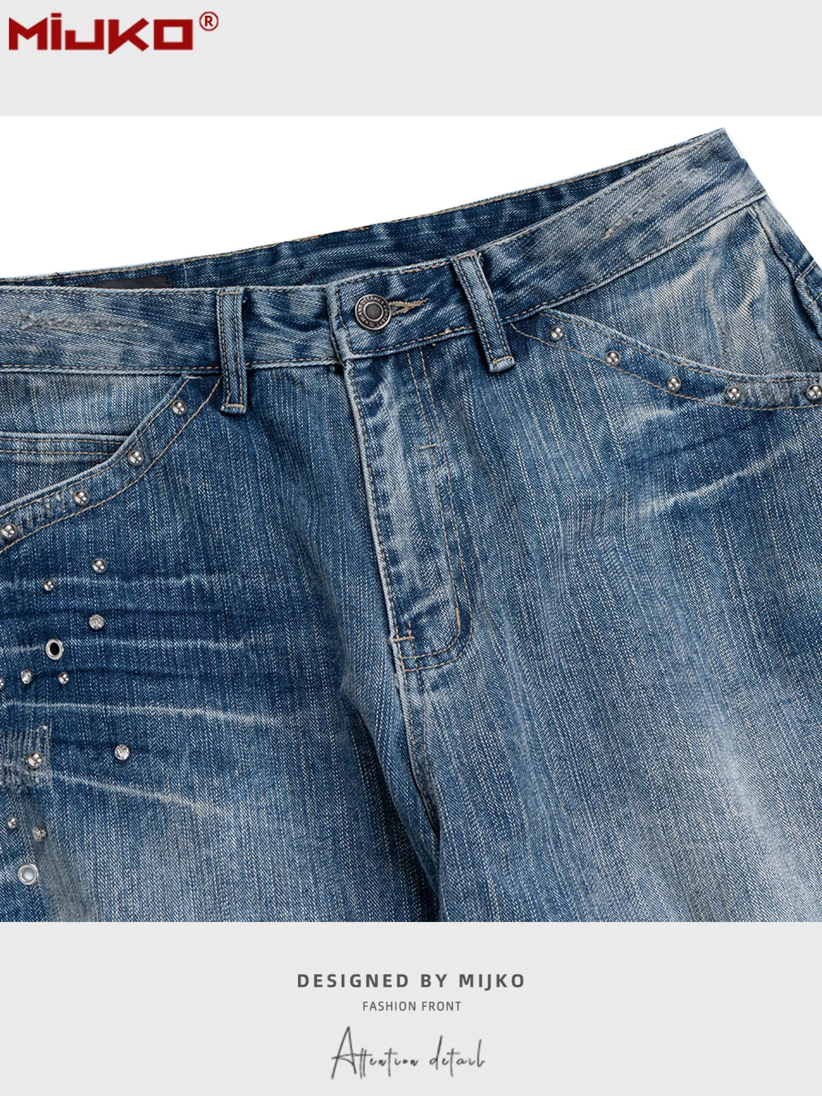 MIJKO Men Women Jeans Washed Fashion Rivet Casual Denim Pants