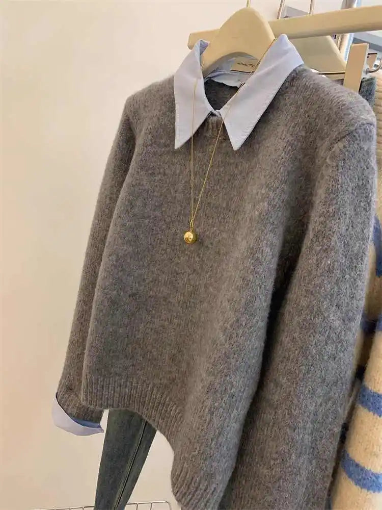 Gray Fake Two-piece Spliced Shirt Collar Sweater 2024 New Autumn/Winter Women's Lazy Style Loose Base Sweater Office Knitted Top