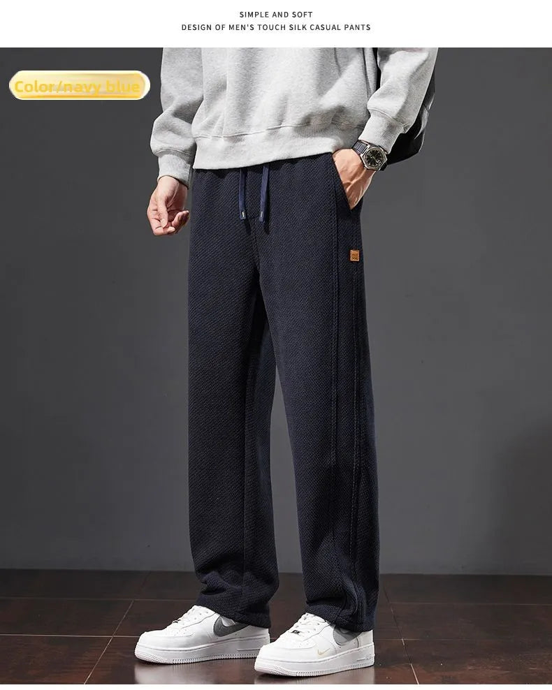 Autumn and Winter Plush Knitted Plaid Comfortable Wide Leg Straight Casual Pants Men Slacks Men's Pants Plush Slacks