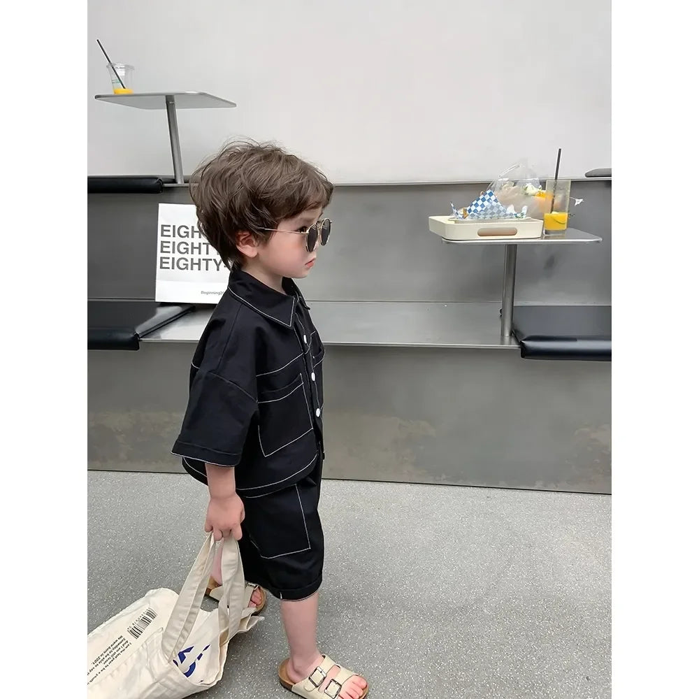 2-9 Y Summer Korean Toddler Boys Baby Handsome Clothes Outfits Kids Boy Cotton Shirt + Shorts 2pcs Sets Fashion Birthday Outfit