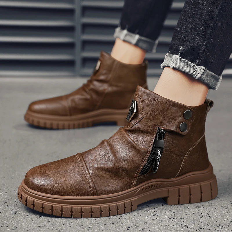 Fashion Mens Ankle Boots British Style High Top Casual Shoes Outdoor Walking Shoes Non-slip Work Boots Comfortable Leather Boots