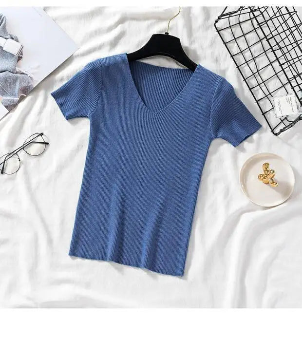2026 Basic V-neck Solid Thin Summer Women Pullover Female Knitted Ribbed Sweater Slim Short Sleeve Bodycon Sweater