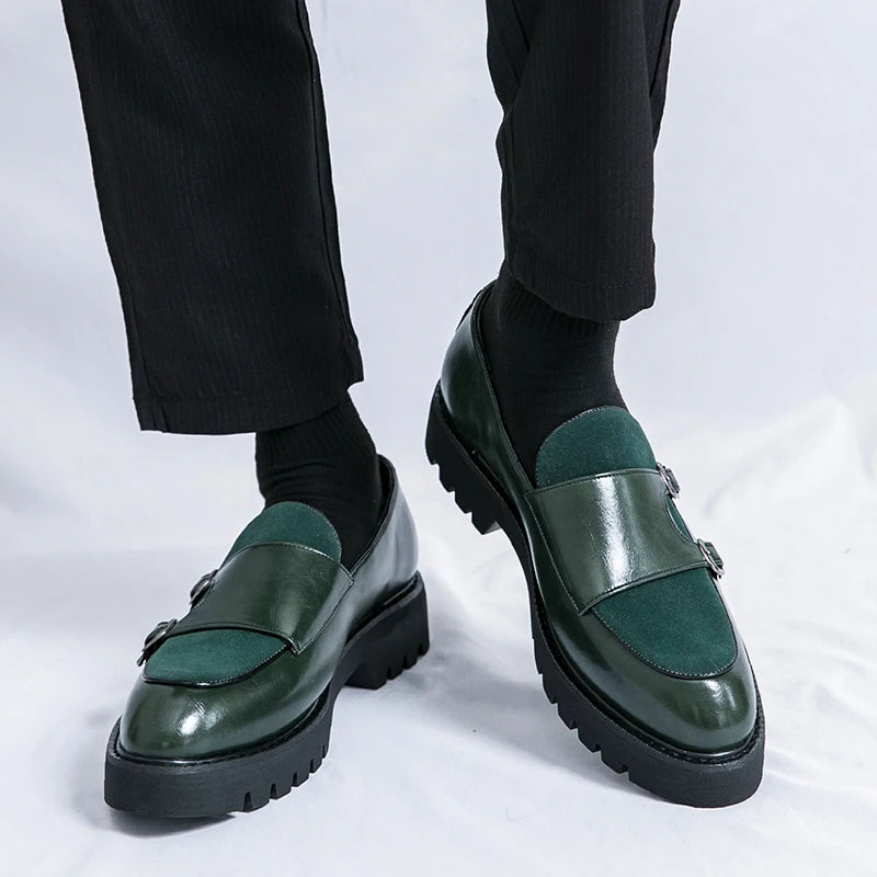 British Men's Shoes Trend Thick Soles High Height Loafers Green Outdoor Commuting Leather Casual Shoes for Men's Lightweight