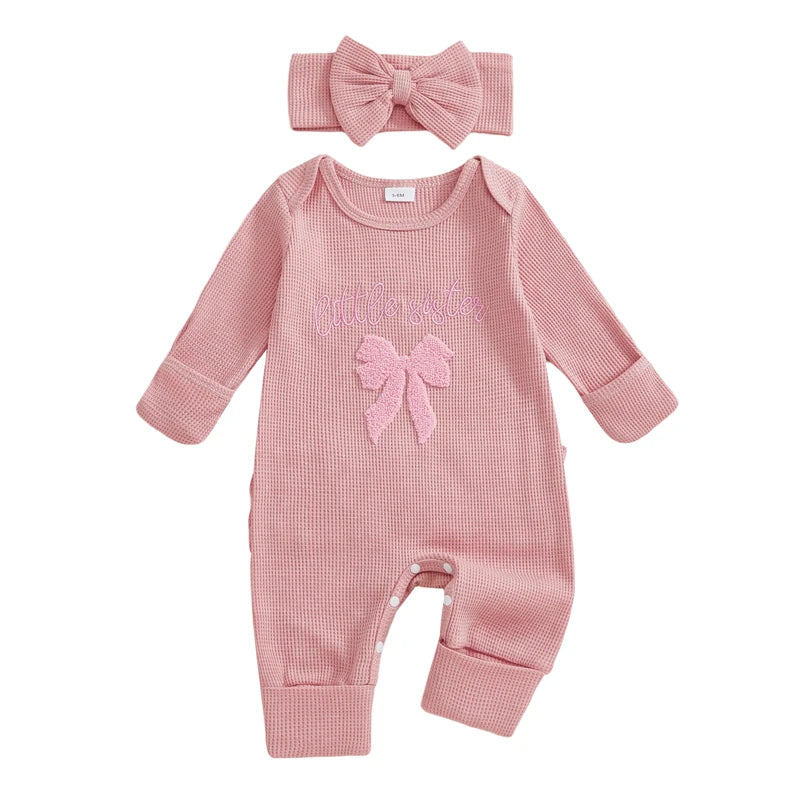 Newborn Baby Girls 2Pcs Fall Romper Outfits Long Sleeve Round Neck Bow Letter Embroidery Jumpsuit with Headband Set
