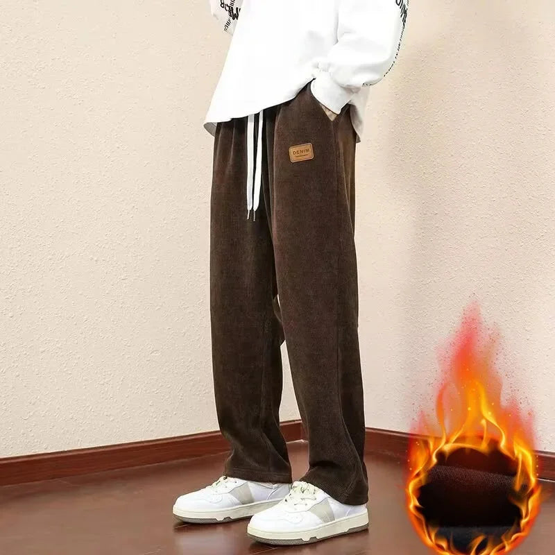 Trendy Corduroy Men's Pants Casual Fleece-Lined Loose-Fit Straight-Legged Sweatpants Autumn Winter High-Quality Foreign Trade