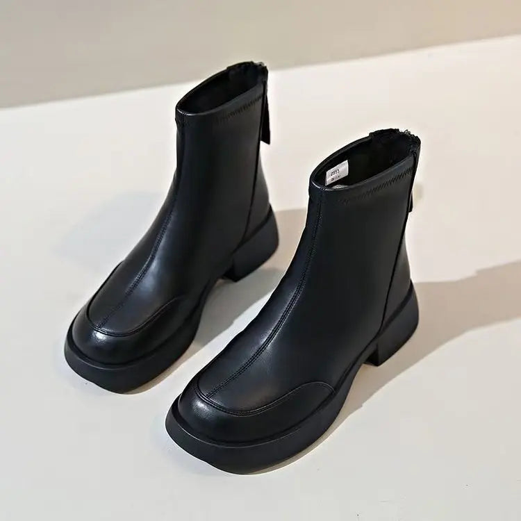 Women's British Chelsea Boots     Black Square-Toe Elastic Booties Side Zip Fringe Winter Shoes Versatile Winter Shoes