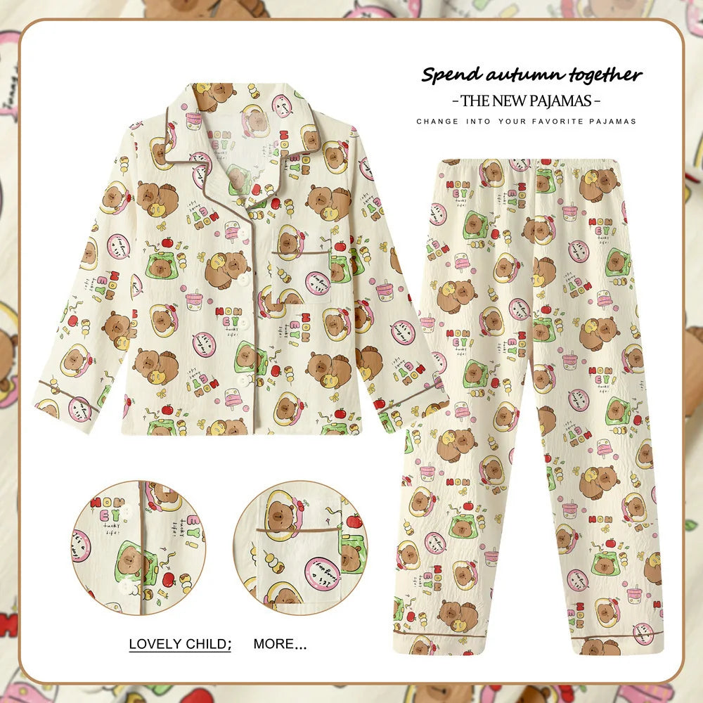 New Children's Capybara Pajamas Set for Spring Autumn Lapel Long Sleeves Girls Boys Loungewear Set For Older Kids Clothes Set