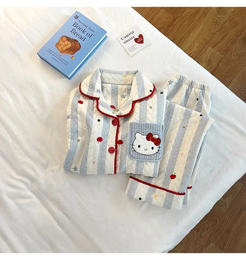 Hot Sanrio Girl Loungewear Set Hello Kitty Anime Kawaii Casual Loose Comfort Air-Layer Fabric 2-Piece Set Children Clothing New