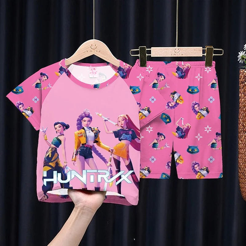 Girls Children's Pajamas Set Summer Short Sleeve Cartoon Kpop Demon Hunters Girls Middle Kids Homewear Christmas Clothes Set