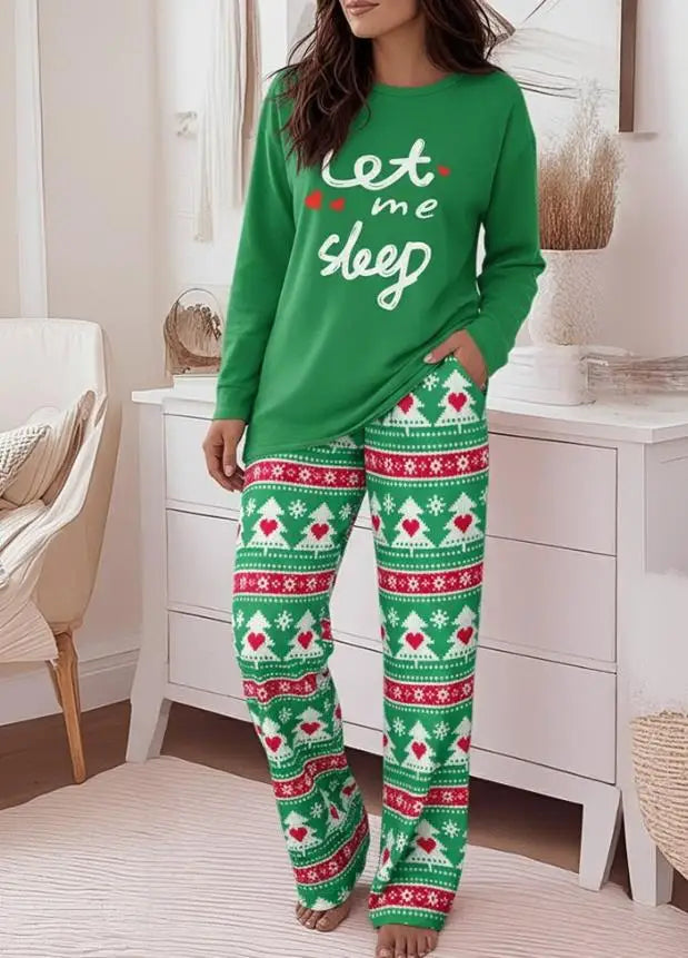 Letter Printed Round Neck T-Shirt and Christmas Tree Love Printed Straight Leg Pants Set Christmas Ladies' Pajamas Set