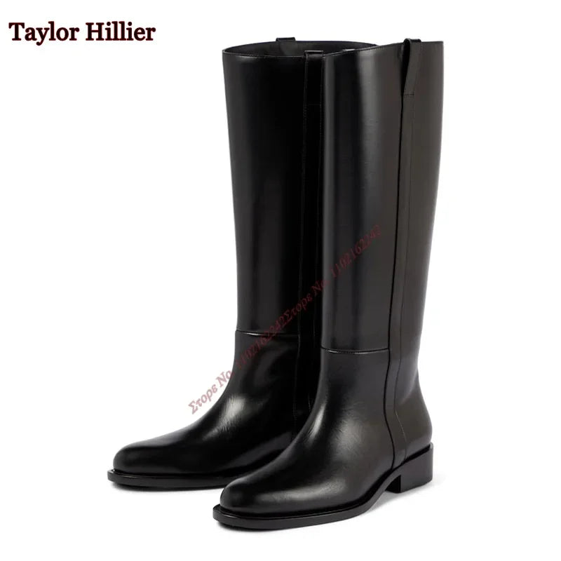 Black Round Toe Slip-On Women'S Boots Patent Leather Thick Heel Flat Knee-High Boots Fashionable Luxury Comfortable Winter Boots