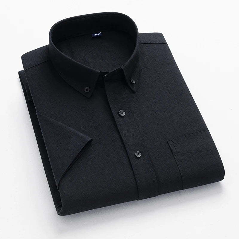 New Men's Striped Fashion Short Sleeve 100% Cotton Oxford Plaid Business Button Down Regular Fit Office Shirt Man Clothing