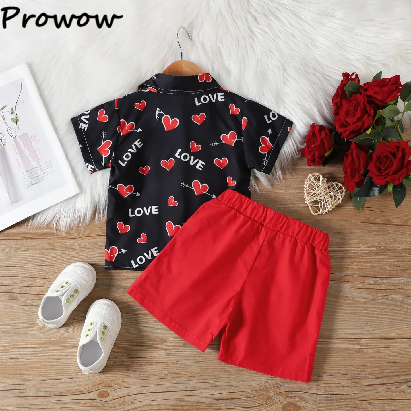 Baby Boys Valentines Day Outfits For Kids Short Sleeve Necktie Heart Print Shirts and Red Shorts Toddler Valentines Day Costumes