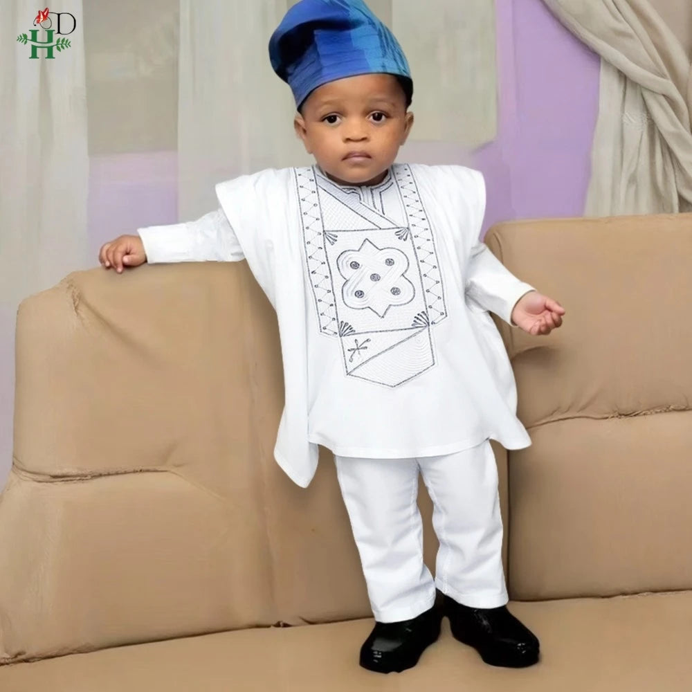 H&D 2025 African Tradition Clothes For Kids Boys White Blue Long Sleeve Tops Embroidery Dashiki Robe Shirt Pant Child Set 3 PCS