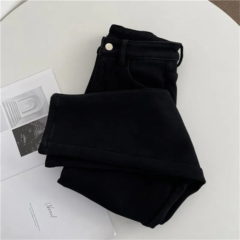 Slimming Fleece Lined Harajuku Style Women's Jeans High Waist Skinny Casual Thickened Cotton Denim Pants Korean Fashion