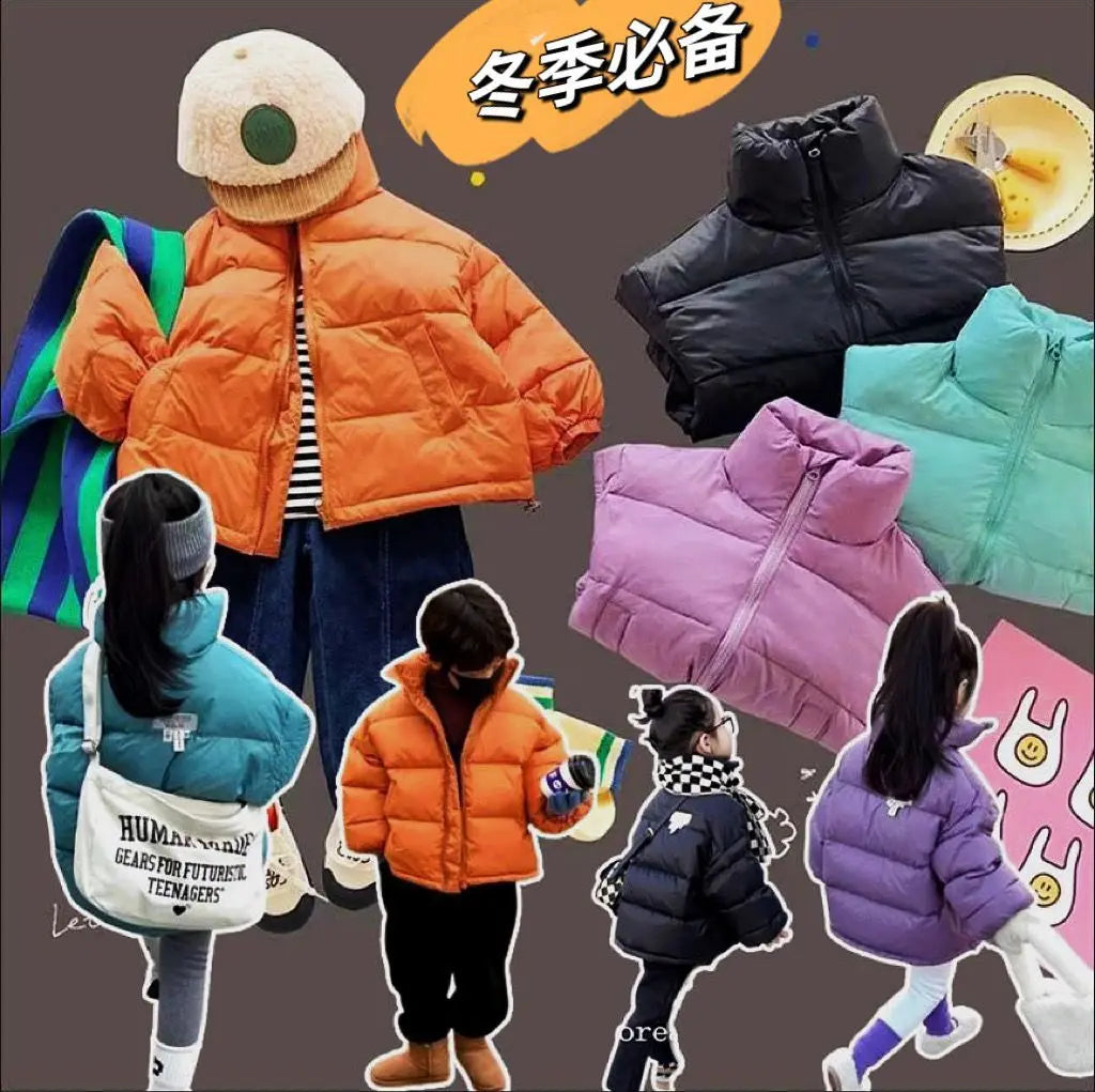Children Boys Short Thick Parkas Standing Collar Silk Floss Bread Jacket for Boy Girl Letter Warm Solid Toddler Boys Winter Coat