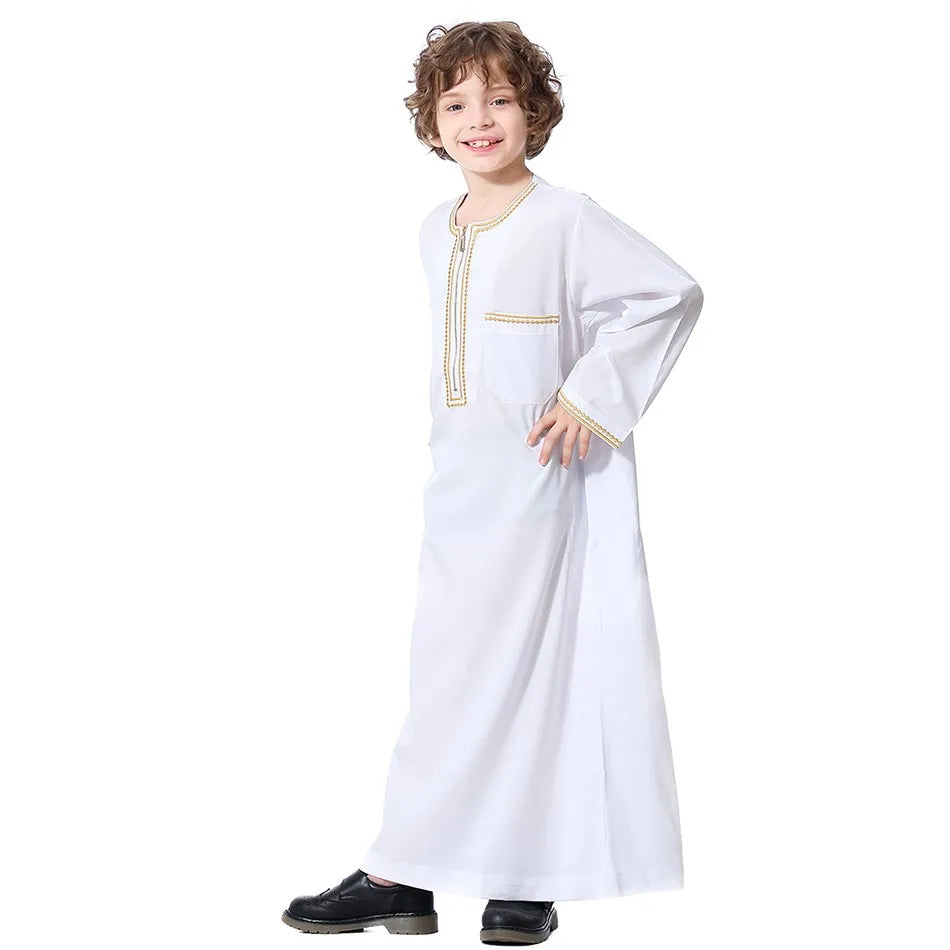 2025 New Children Thawb Teens Summer Muslim Robe Kids Arab Folk Clothes Boys Solid Color Thobe 5-14 Years National Outfit