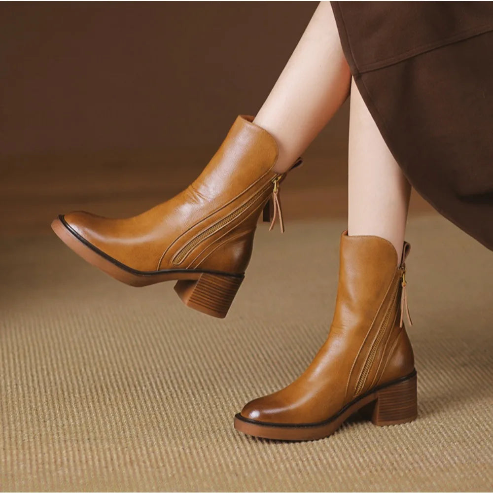 Women's Boots 2025 Spring and Autumn New Chelsea Boots Thick Heel Brown Short Leather Shoes for Women High Heels platform shoes