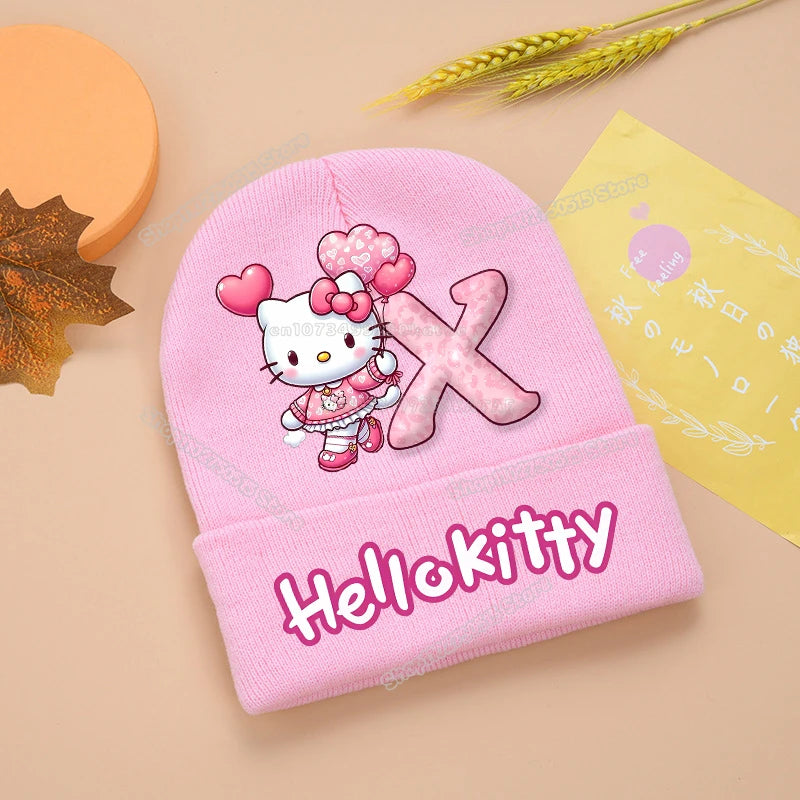 Hello Kitty Kids Knitting Hats Cute Letter A-Z Girl Winter Beanies Cartoon Print Weaved Bonnet Winter Warm Children Beanies Caps
