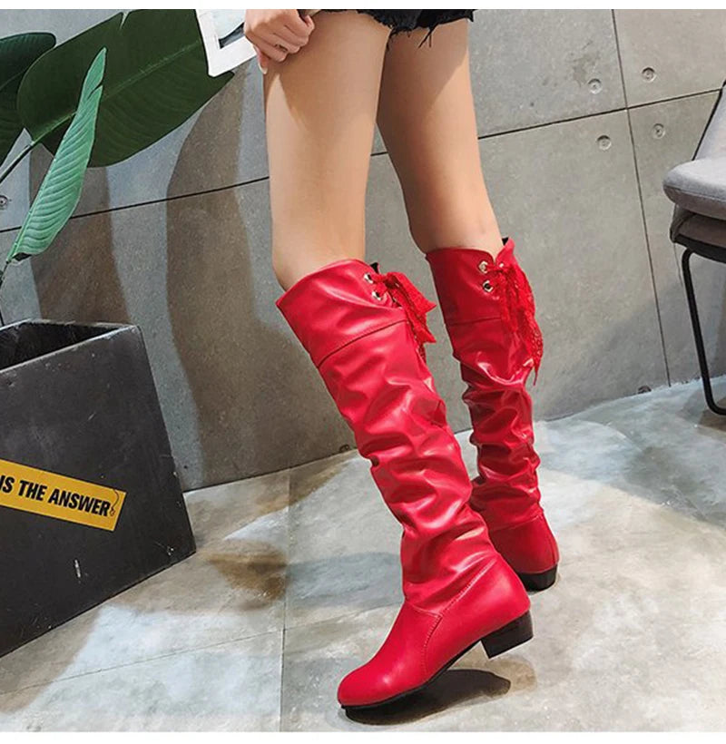 2023Shoes For Women  Knee High Boots Red Black White Tall Boots Woman Pleated Low Heel Casual Leather Female Long Shoes