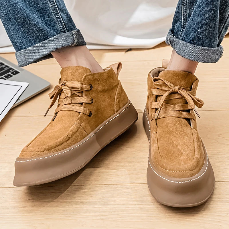 Men's High-top Boots in Solid Colors Flat Heels and Lace-up A Trendy Brand Design for The Four Seasons Fashion Walking Boots