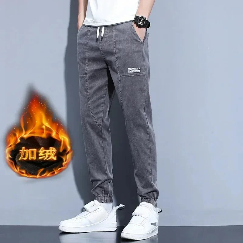 Jeans Open Pants Men's Fall/Winter Fleece-Lined Thick Loose Ankle Banded Working Pants Harem Casual Pants