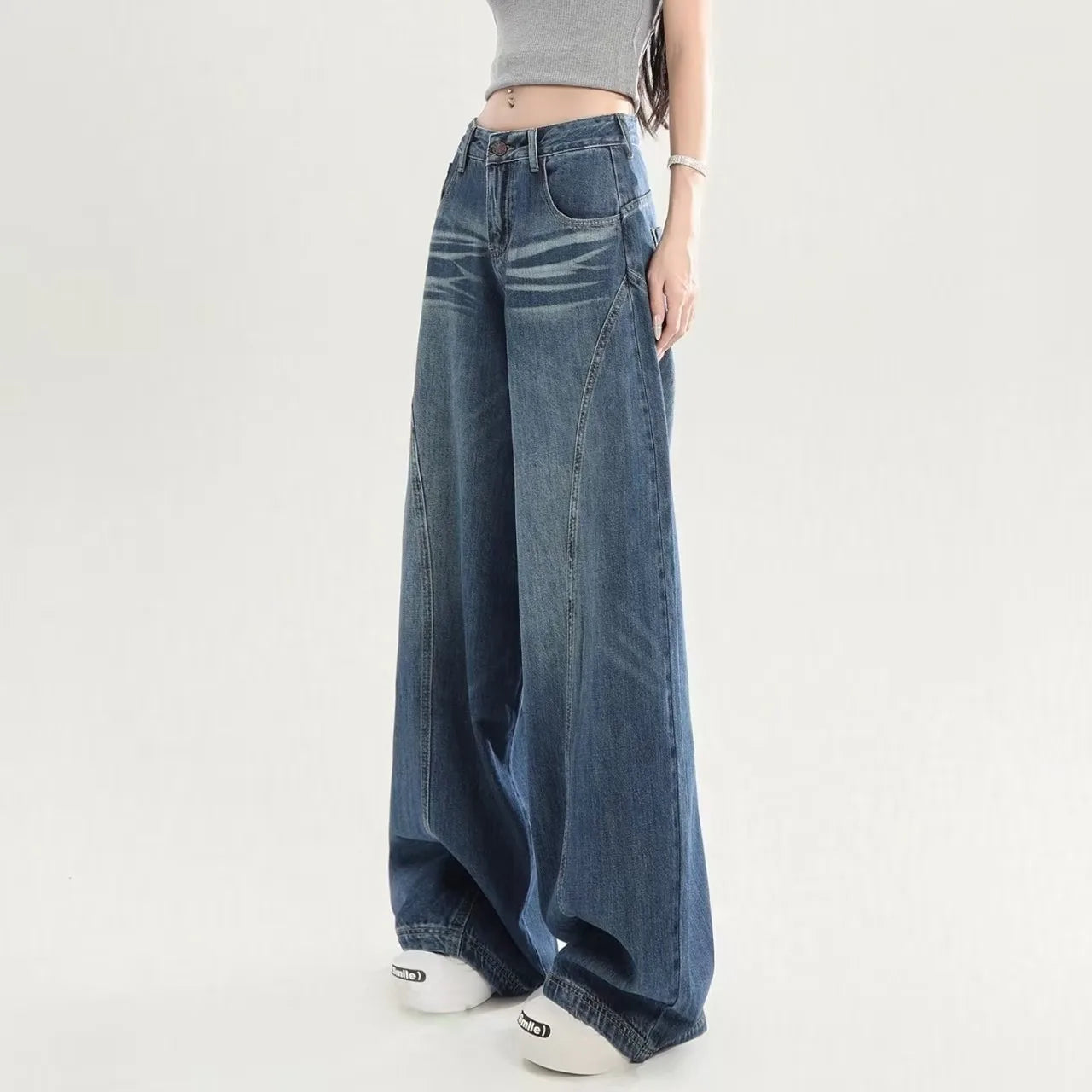 American Retro Deep Blue Wide Leg Denim Jeans Women Summer High Waist Draping Loose Slim Straight Casual Long Trousers