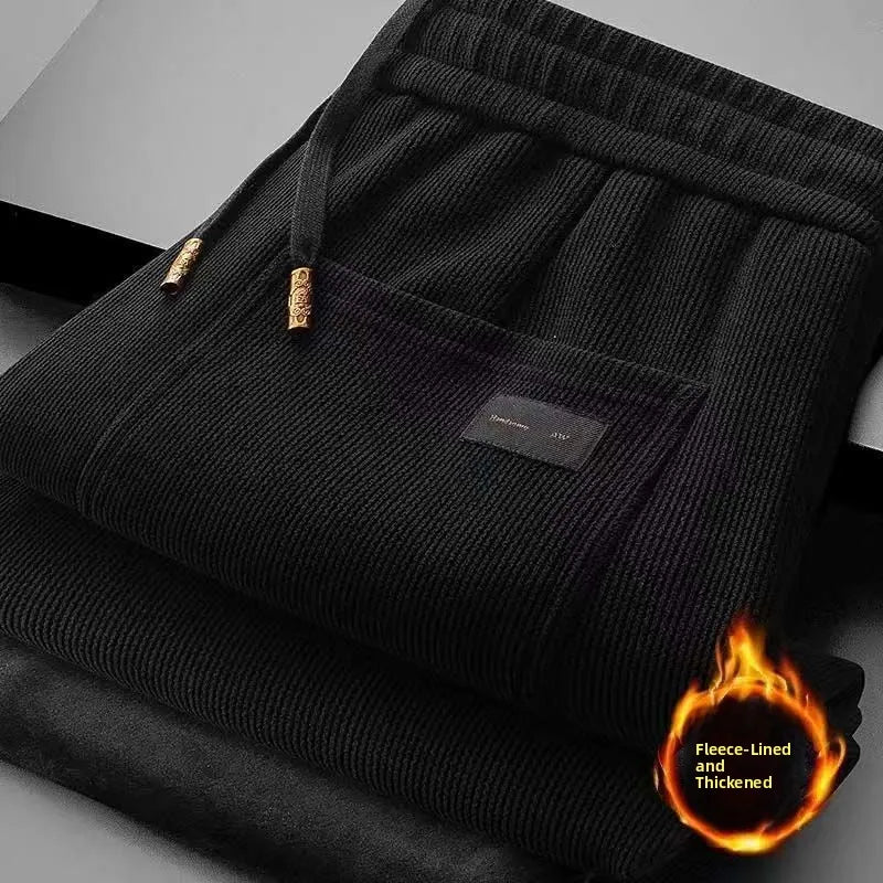 Men's Loose Straight Leg Fleece Lined Thickened Warm Casual Pants Autumn Winter Dad Pants Comfortable Polyester Fiber
