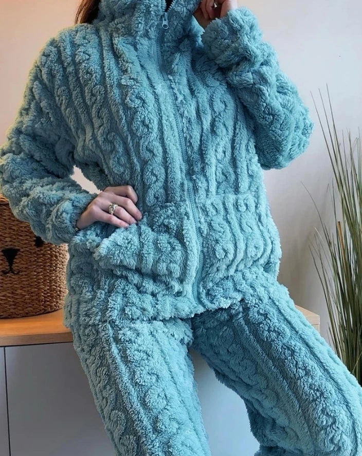 Women's Winter 2 piece sets women outfit Coral fleece pajamas home set Stand Collar Zip Up Fuzzy Teddy Top high waisted Pant Set