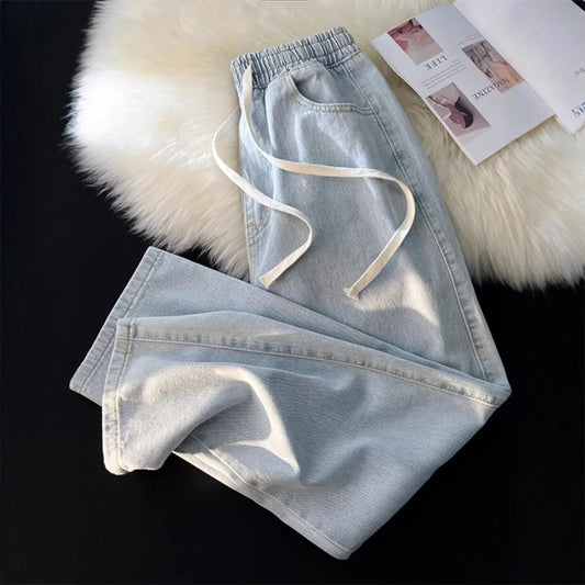 Spring Summer Loose Straight Leg Jeans Women's Versatile Elastic Waist Wide Leg Pants Long Trousers Casual Style High Waist