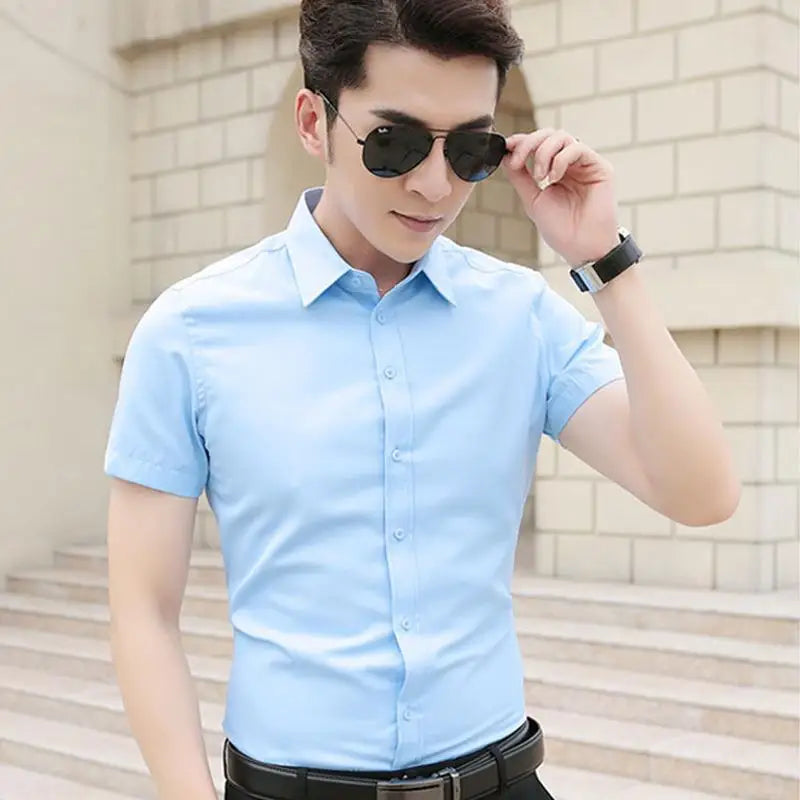 Professional Mens Short Sleeve Shirt White Business Casual Slim Fit Japanese Retro Style Polyester Fiber Printed Shirt for Youth