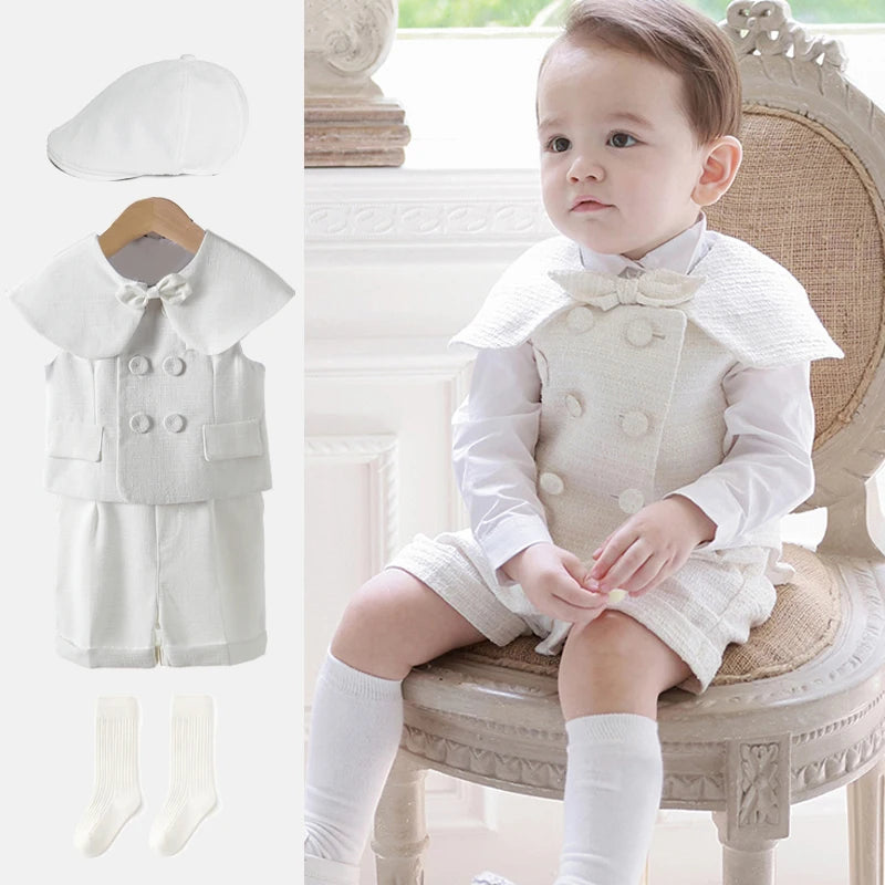 White Boys Suits Fashion Formal Baptism Party Dress Vest shawl Shorts hat 4pcs sets Outfits Kids Birthday Boutique Clothing set