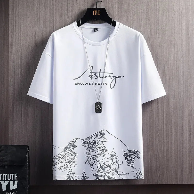 Ice Sensation Printed Summer Short Sleeve T-Shirt Set Men's Loose Basketball Sports Two-Piece Quick Dry Breathable Casual Wear