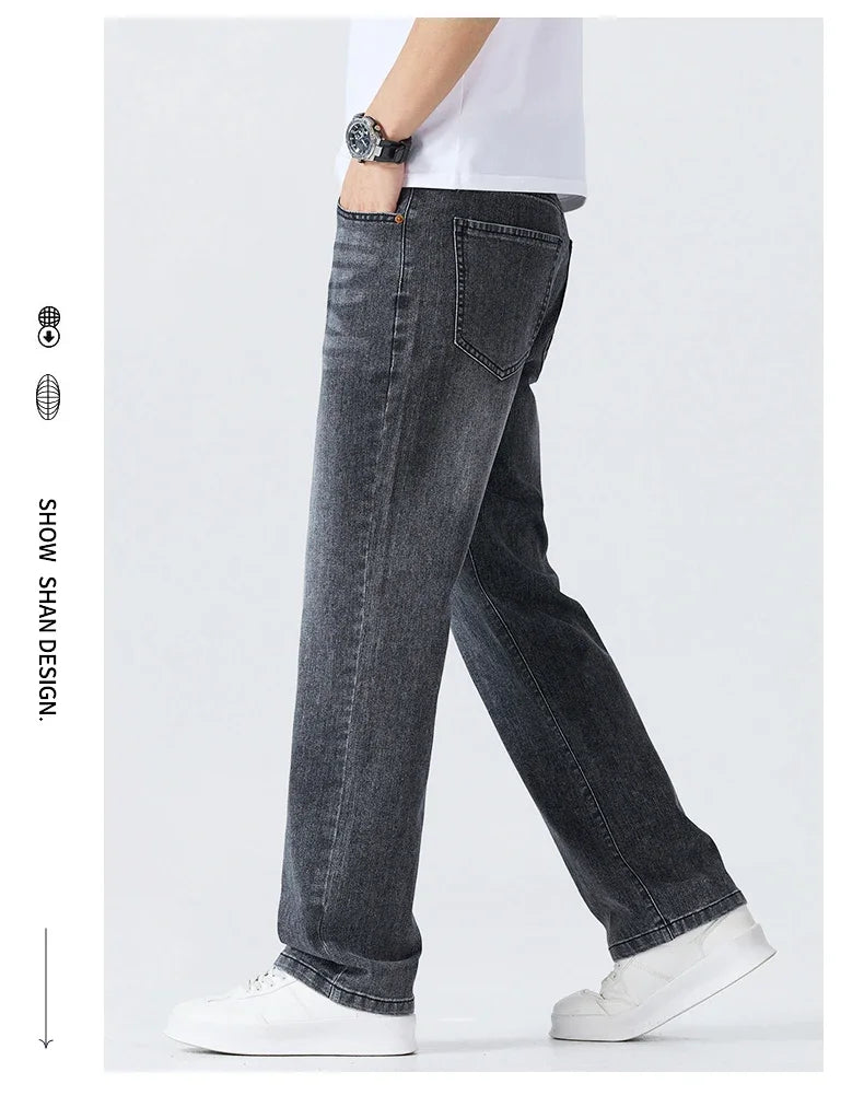 Summer Thin Straight Jeans Men's Clothing Soft Breathable Trousers Male Brand Comfortable Business Loose Denim Pants