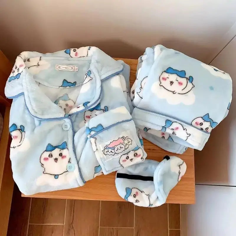 Chikawa Flannel Pjs Thicken Winter Usagi Long Sleeved Pajama Pants Set for Women Plus Velvet Cute Blue Hachiware Home Clothes