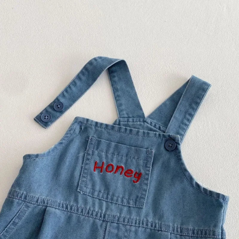 Baby Cartoon 2pcs Set for Summer Winnie Bear Short Sleeve T-shirt Loose Denim Straps Shorts Girl and Boy Clothes Set