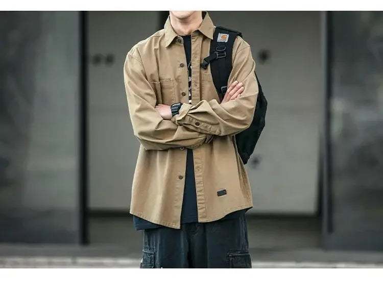 Retro Japanese Style Long Sleeve Workwear Shirt Men's Loose Casual Coat with Pocket Youth Versatile Spring Autumn Fashion