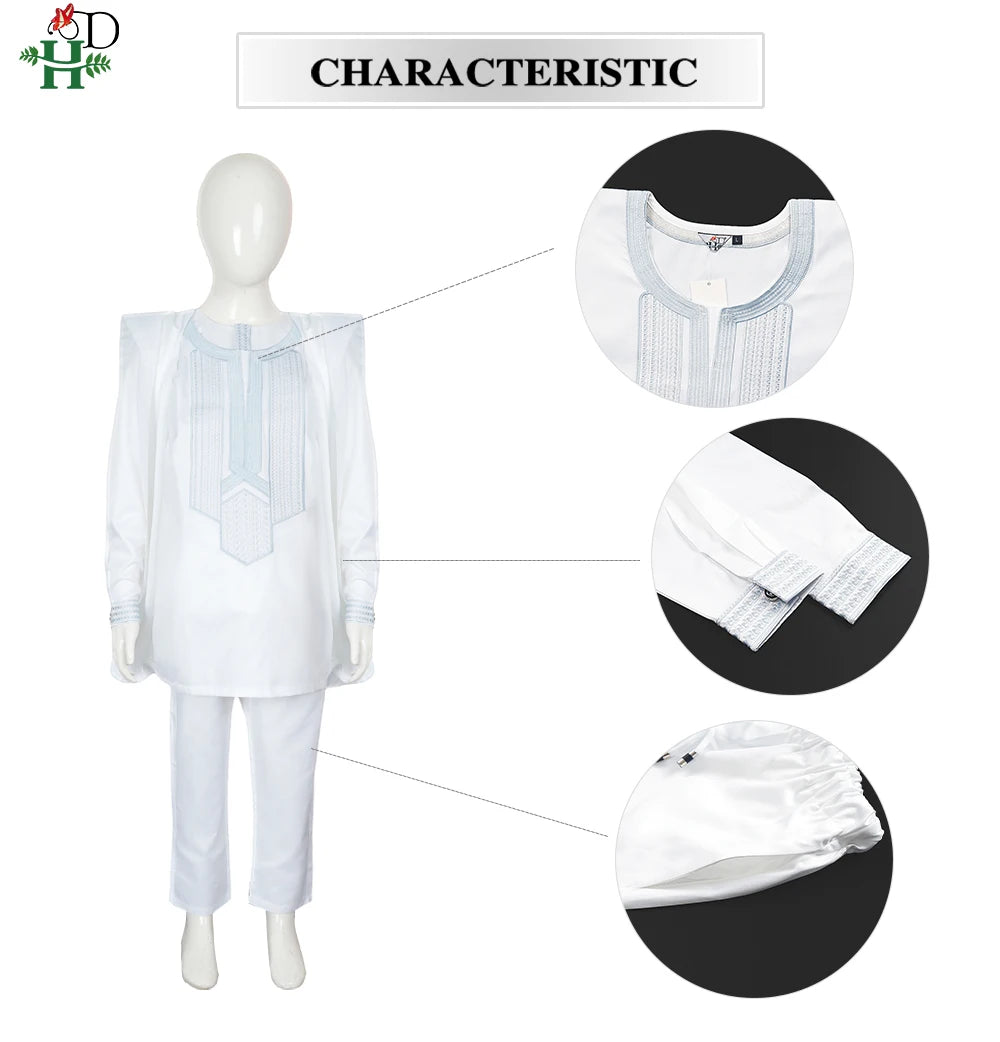 H&D 2025 African Tradition Clothes For Kids Boys White Blue Long Sleeve Tops Embroidery Dashiki Robe Shirt Pant Child Set 3 PCS
