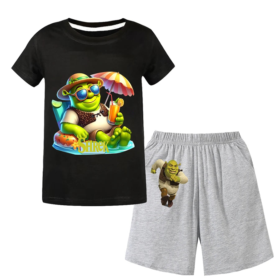 Shrek Child Tracksuit Blouse Short Sleeve Family Matching Clothes Sets for Baby Set for Children From 6 To 12 Years Old Summer