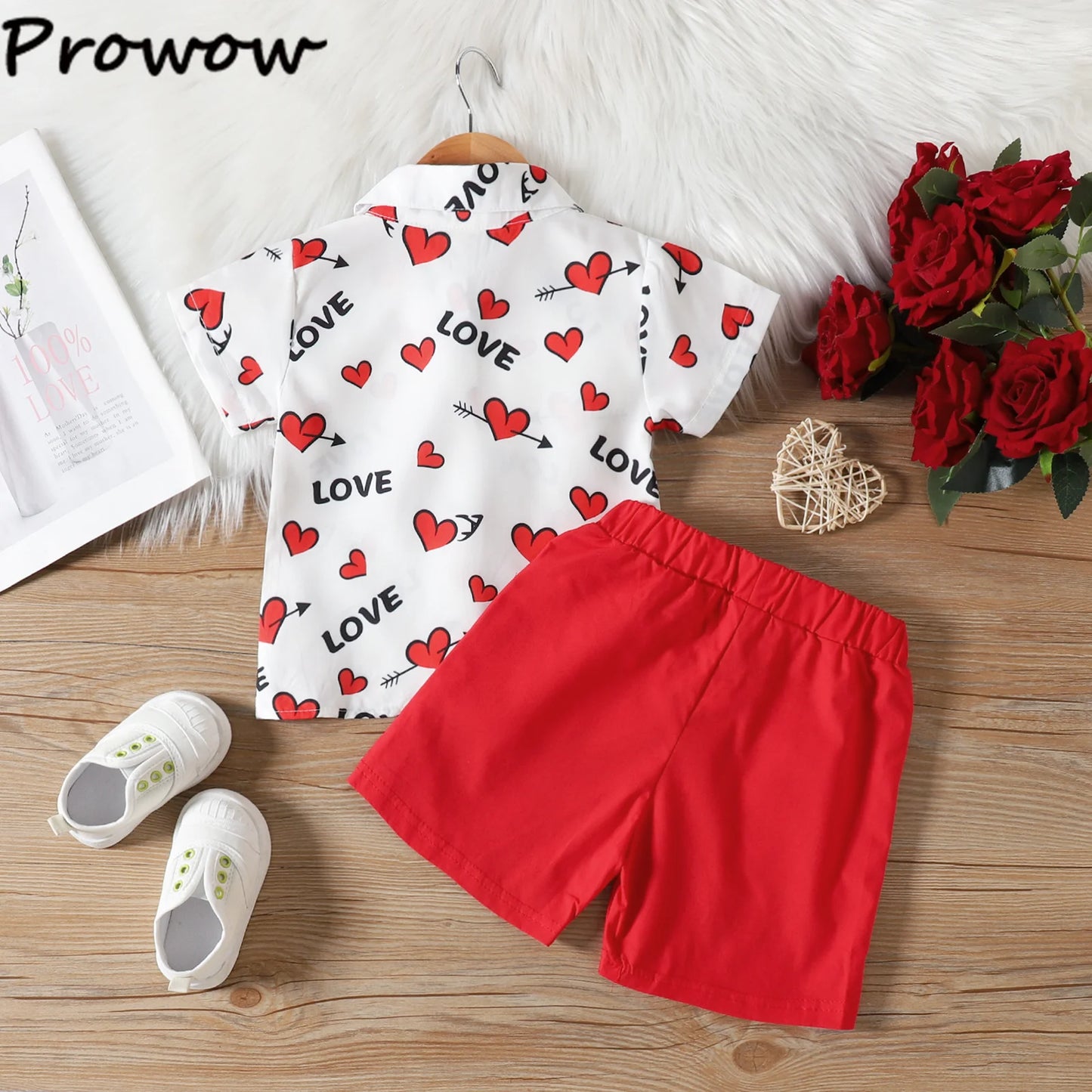 Baby Boys Valentines Day Outfits For Kids Short Sleeve Necktie Heart Print Shirts and Red Shorts Toddler Valentines Day Costumes