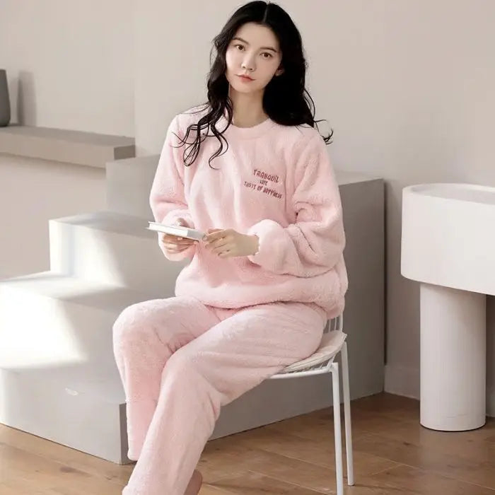 Thickened Long Sleeve Home Clothes Set with Chest Pad Winter Coral Fleece Korean Style Student Cute Large Size Home Clothes Set