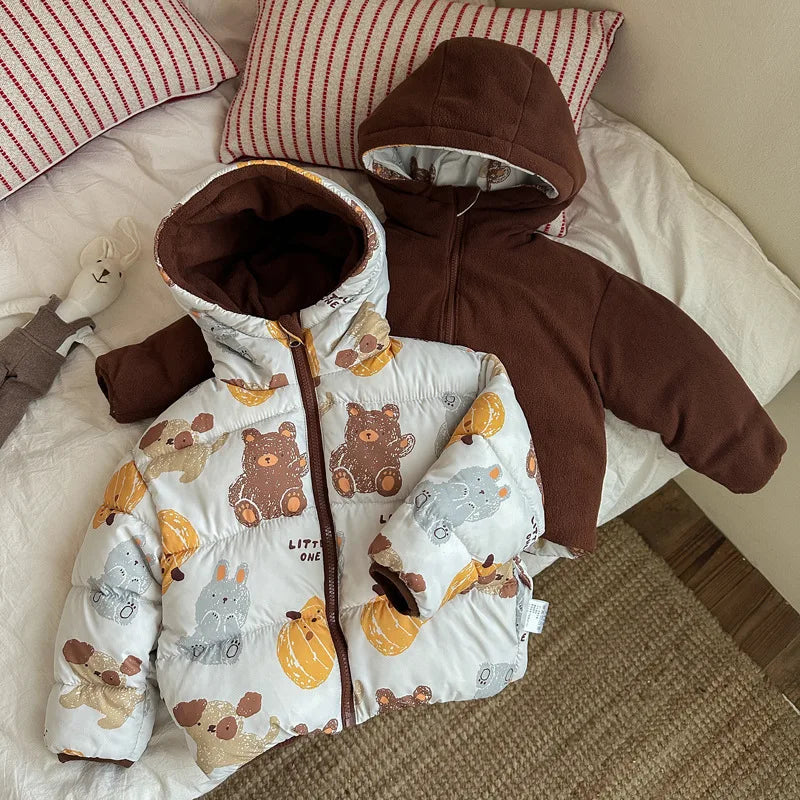 Can Be Worn On Both Sides Autumn Winter Boys Girls Jacket Cute Rabbit Ears Thicken Keep Warm Hooded Down Cotton Outwear For Kids