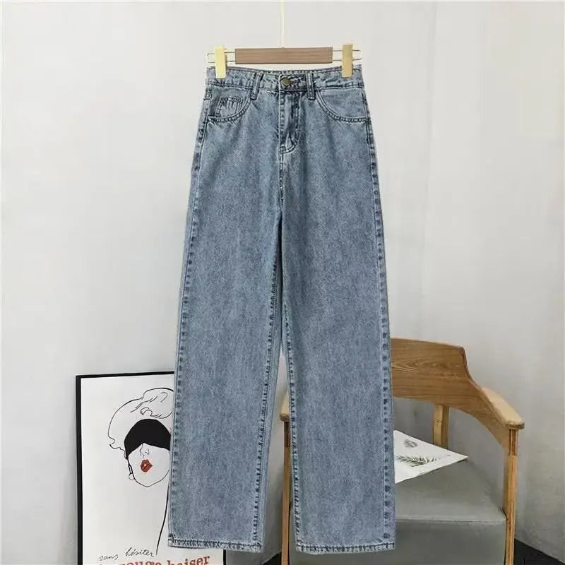 Summer plus Size Dad Jeans High Waist Loose Straight Leg Korean Sle Women's Wide Leg Long Pants Slimming Effect