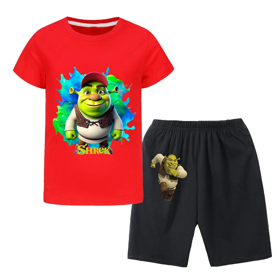 Shrek Child Tracksuit Blouse Short Sleeve Family Matching Clothes Sets for Baby Set for Children From 6 To 12 Years Old Summer