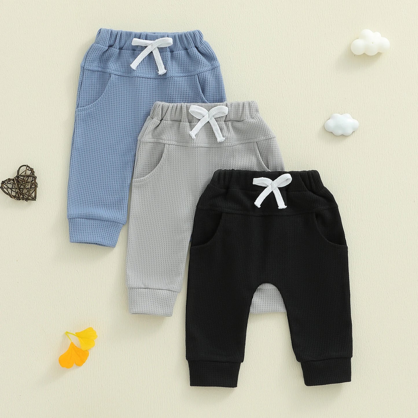 3 Pack Waffle Texture Casual Pants Soft Solid Color Elastic Waistband Toddler Boys Trousers