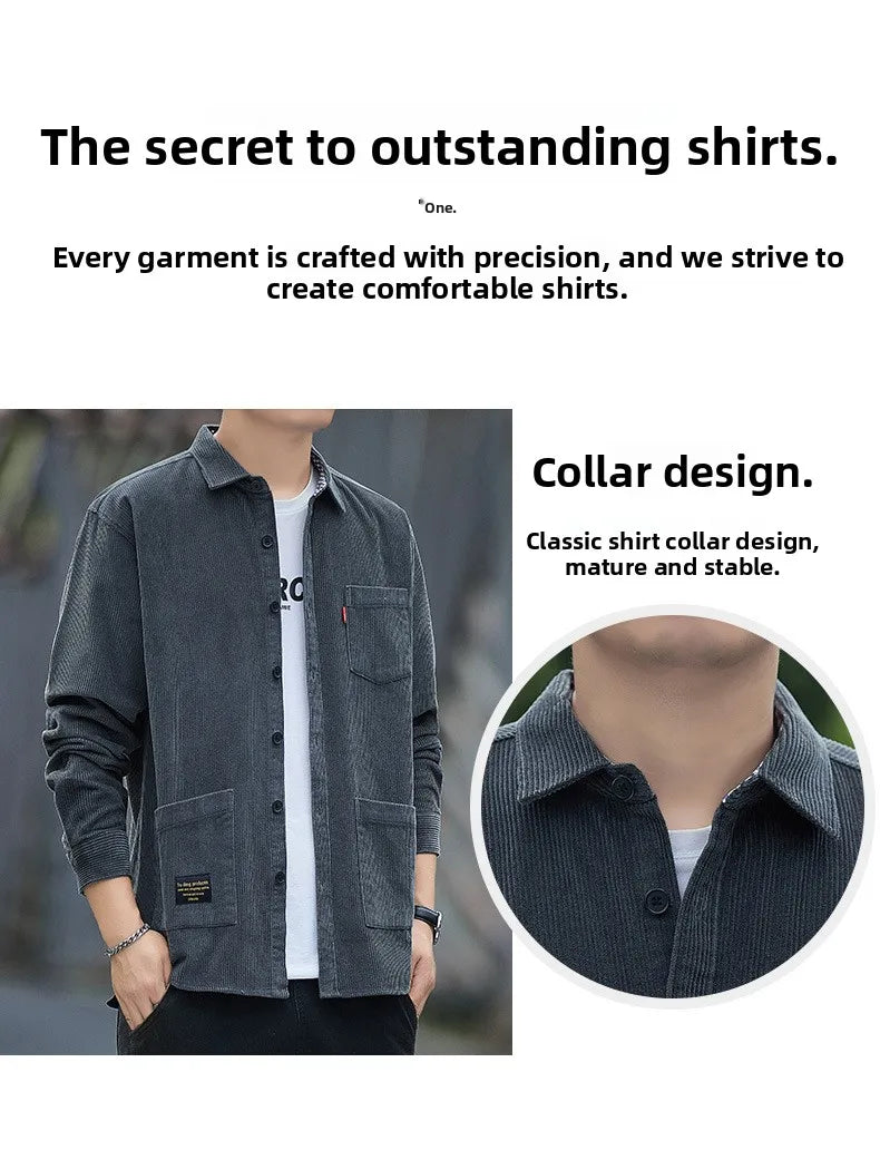 Corduroy Long Sleeve Shirt Casual Slim Fit Youth Multi Pocket Wear Resistant Fashionable Spring Autumn Men's Outerwear
